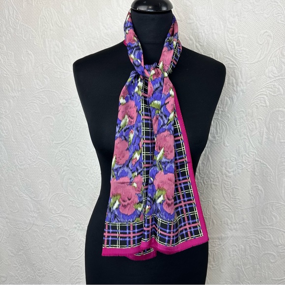 Oscar de la Renta Accessory Street Vintage Silk Oblong Scarf Floral Plaid - Picture 4 of 10